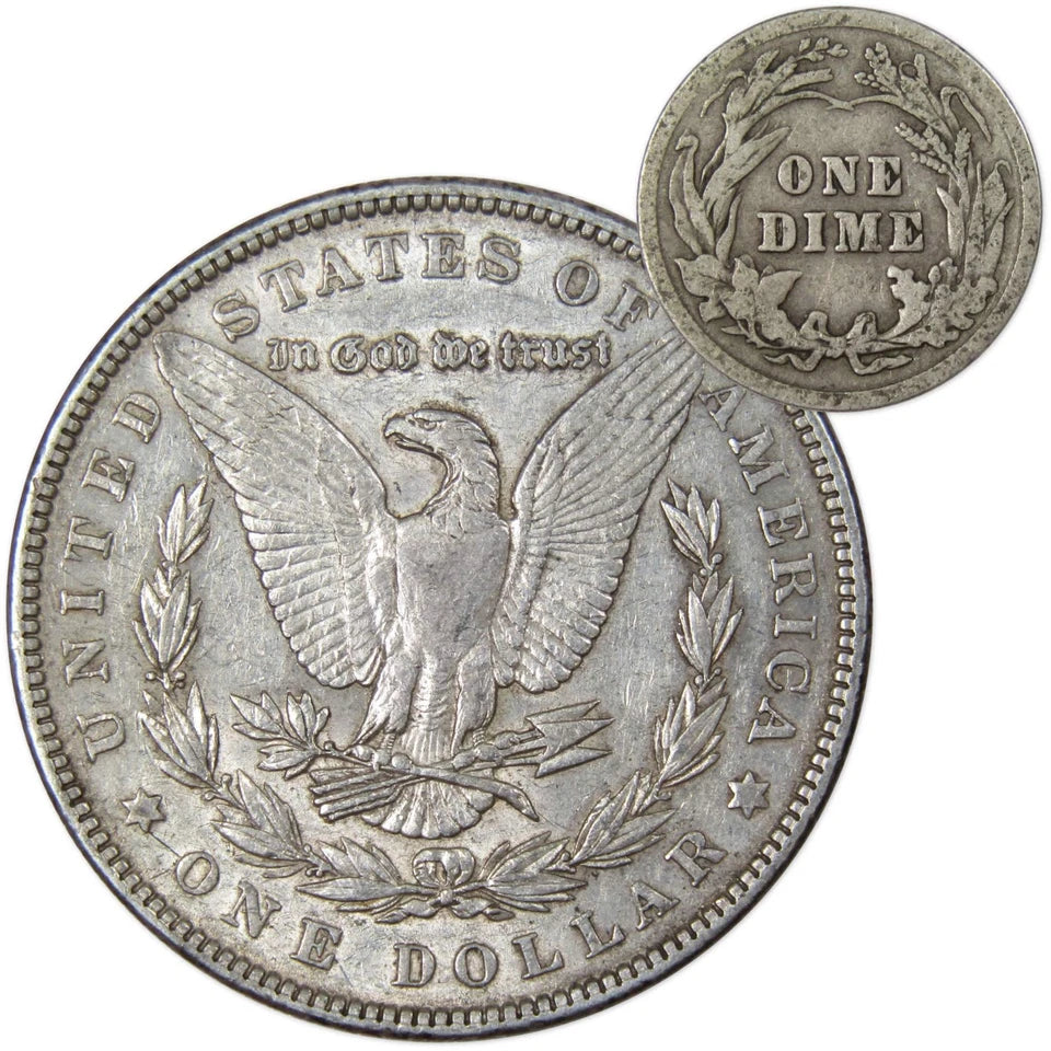 1902 Morgan Dollar XF EF Extremely Fine 90% Silver with 1916 Barber Dime G Good-2