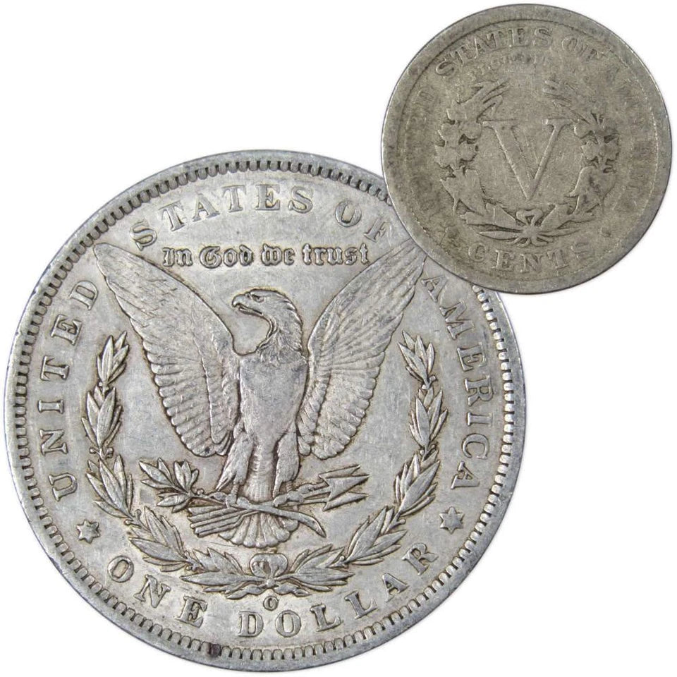 1891 O Morgan Dollar VF Very Fine 90% Silver with 1910 Liberty Nickel G Good