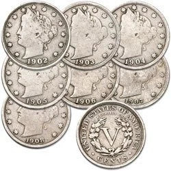 Monedas de níquel con cabeza de la libertad (Barber) de EE. UU. - Bolsa de 7 monedas