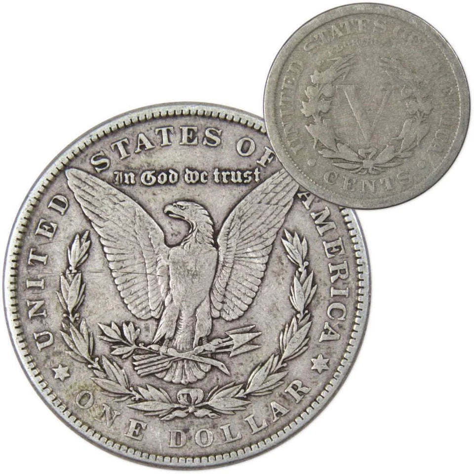 1884 Morgan Dollar VF Very Fine 90% Silver Coin with 1907 Liberty Nickel G Good-2