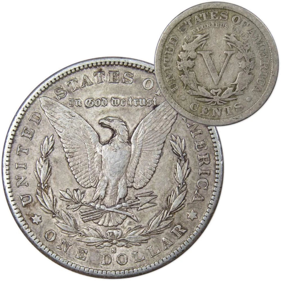 1880 S Morgan Dollar VF Very Fine 90% Silver with 1910 Liberty Nickel G Good-2