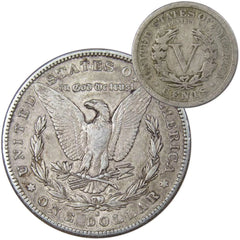 1880 S Morgan Dollar VF Very Fine 90% Silver with 1910 Liberty Nickel G Good-2