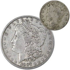 1887 Morgan Dollar VF Very Fine 90% Silver Coin with 1910 Liberty Nickel G Good-1