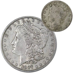 1887 Morgan Dollar VF Very Fine 90% Silver Coin with 1910 Liberty Nickel G Good
