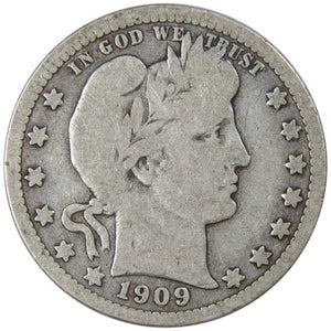 1909 Barber Quarter G Good 90% Silver 25c US Type Coin Collectible-1