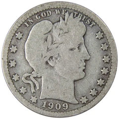 1909 Barber Quarter G Good 90% Silver 25c US Type Coin Collectible-1