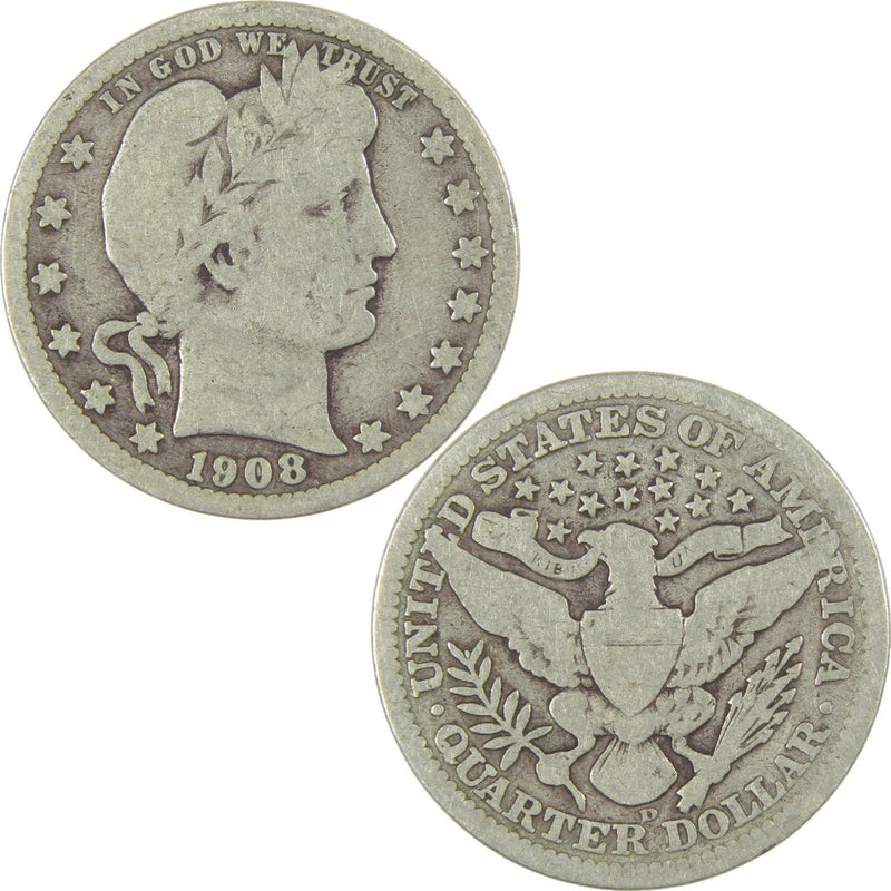 1908 D Barber Quarter G Good Silver 25c Coin-3
