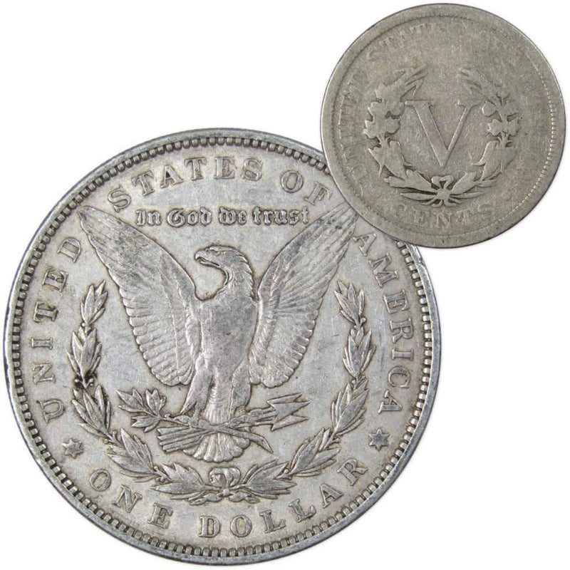 1888 Morgan Dollar VF Very Fine 90% Silver Coin with 1905 Liberty Nickel G Good-2