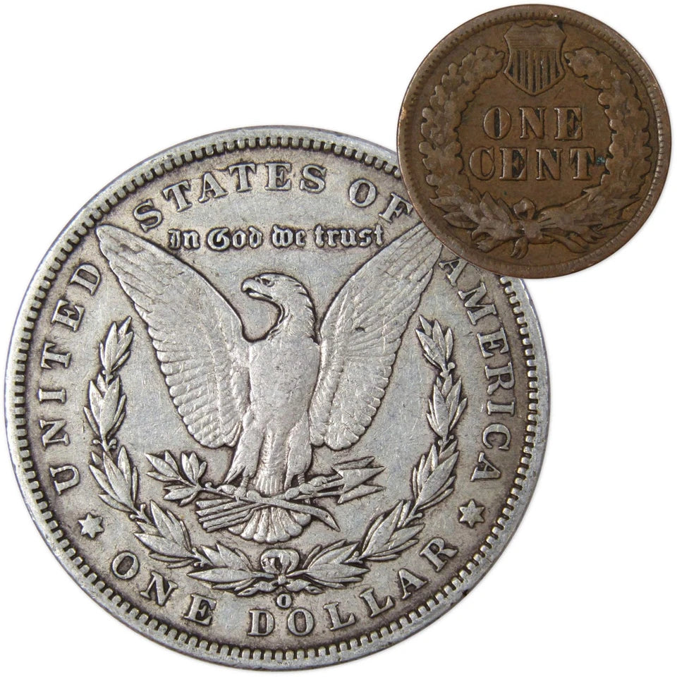 1900 O Morgan Dollar F Fine 90% Silver Coin with 1902 Indian Head Cent G Good-2