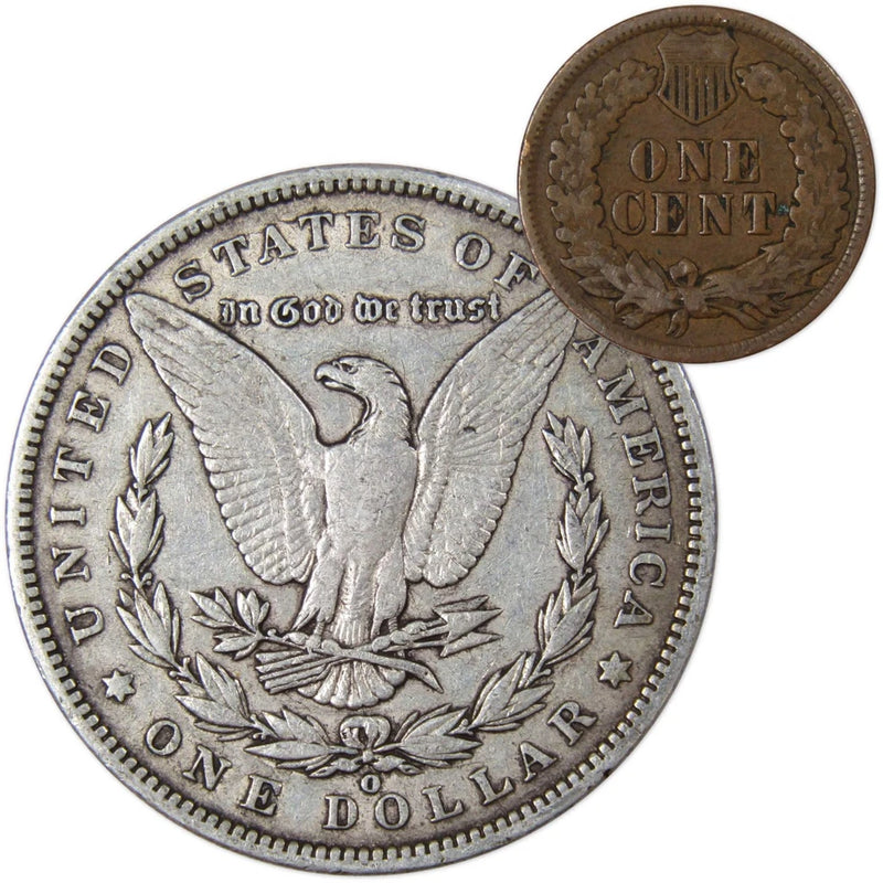 1900 O Morgan Dollar F Fine 90% Silver Coin with 1902 Indian Head Cent G Good-2