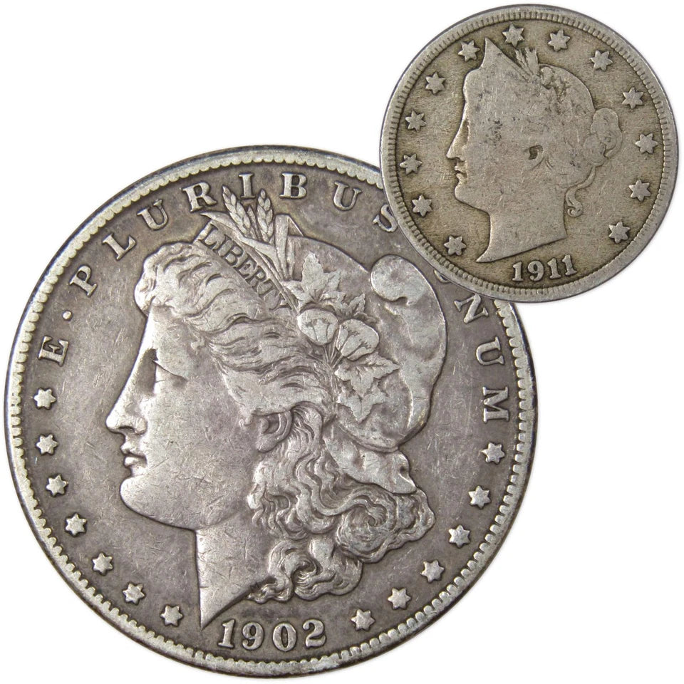 1902 O Morgan Dollar VF Very Fine 90% Silver with 1911 Liberty Nickel G Good