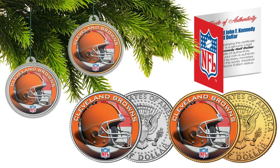 CLEVELAND BROWNS Colorized JFK Half Dollar US 2-Coin Set NFL Christmas Ornaments
