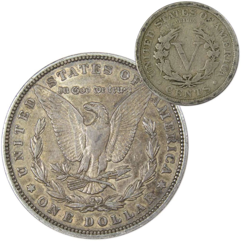 1881 Morgan Dollar VF Very Fine 90% Silver Coin with 1911 Liberty Nickel G Good-2