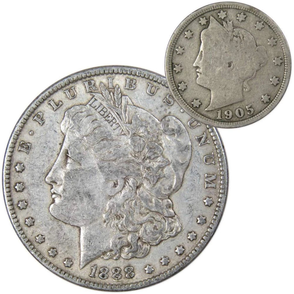 1888 Morgan Dollar VF Very Fine 90% Silver Coin with 1905 Liberty Nickel G Good