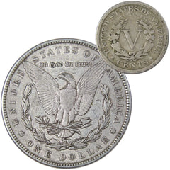 1887 Morgan Dollar VF Very Fine 90% Silver Coin with 1910 Liberty Nickel G Good-2