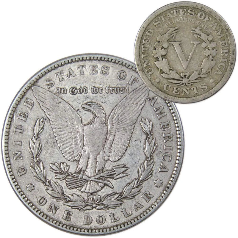 1887 Morgan Dollar VF Very Fine 90% Silver Coin with 1910 Liberty Nickel G Good-2