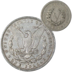 1890 O Morgan Dollar VF Very Fine 90% Silver with 1905 Liberty Nickel G Good-2