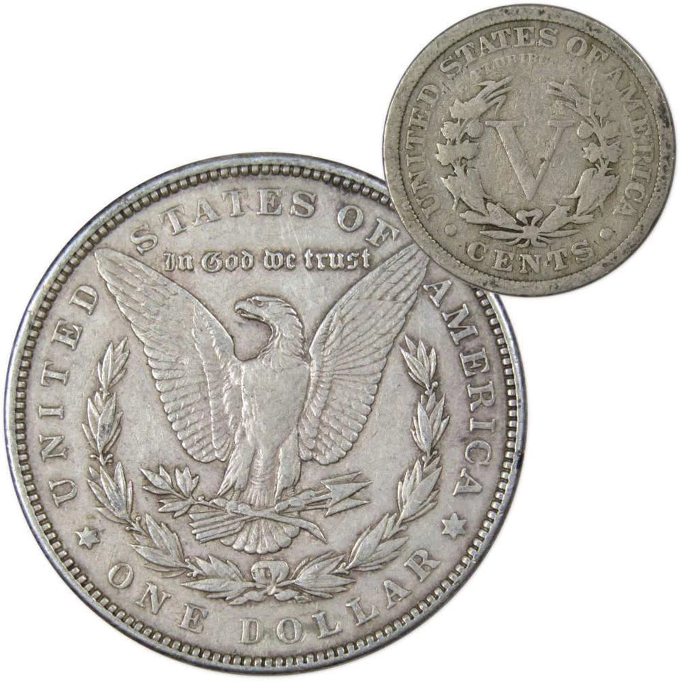 1890 Morgan Dollar VF Very Fine 90% Silver Coin with 1911 Liberty Nickel G Good-1