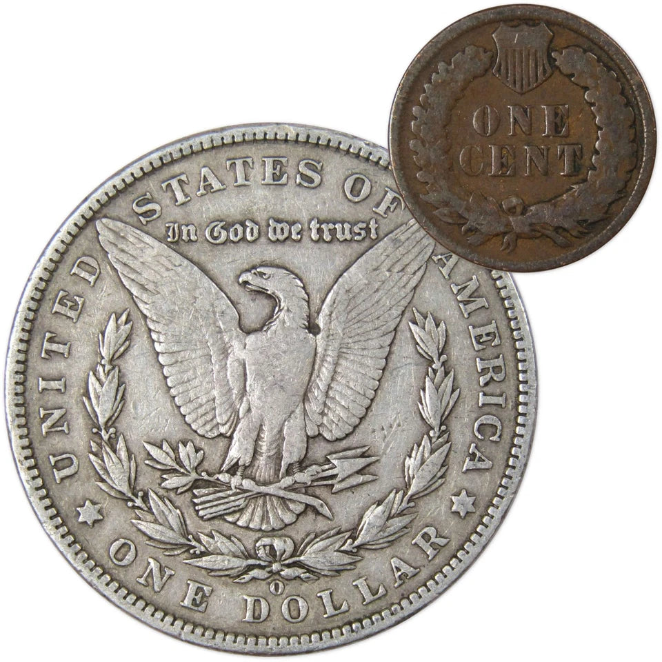 902 O Morgan Dollar F Fine 90% Silver Coin with 1901 Indian Head Cent G Good