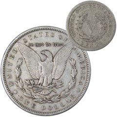 1891 Morgan Dollar VF Very Fine 90% Silver Coin with 1907 Liberty Nickel G Good-2