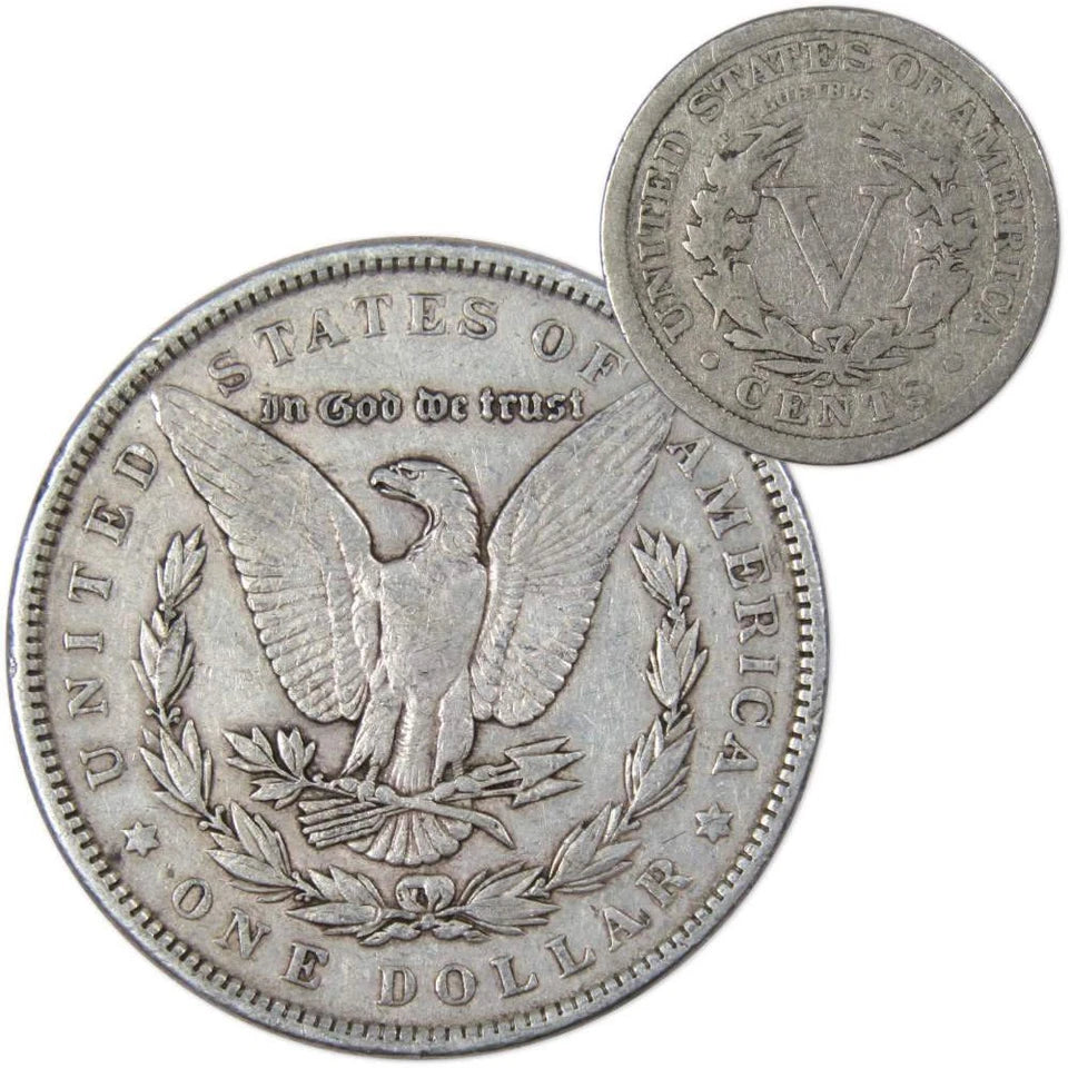 1891 Morgan Dollar VF Very Fine 90% Silver Coin with 1907 Liberty Nickel G Good