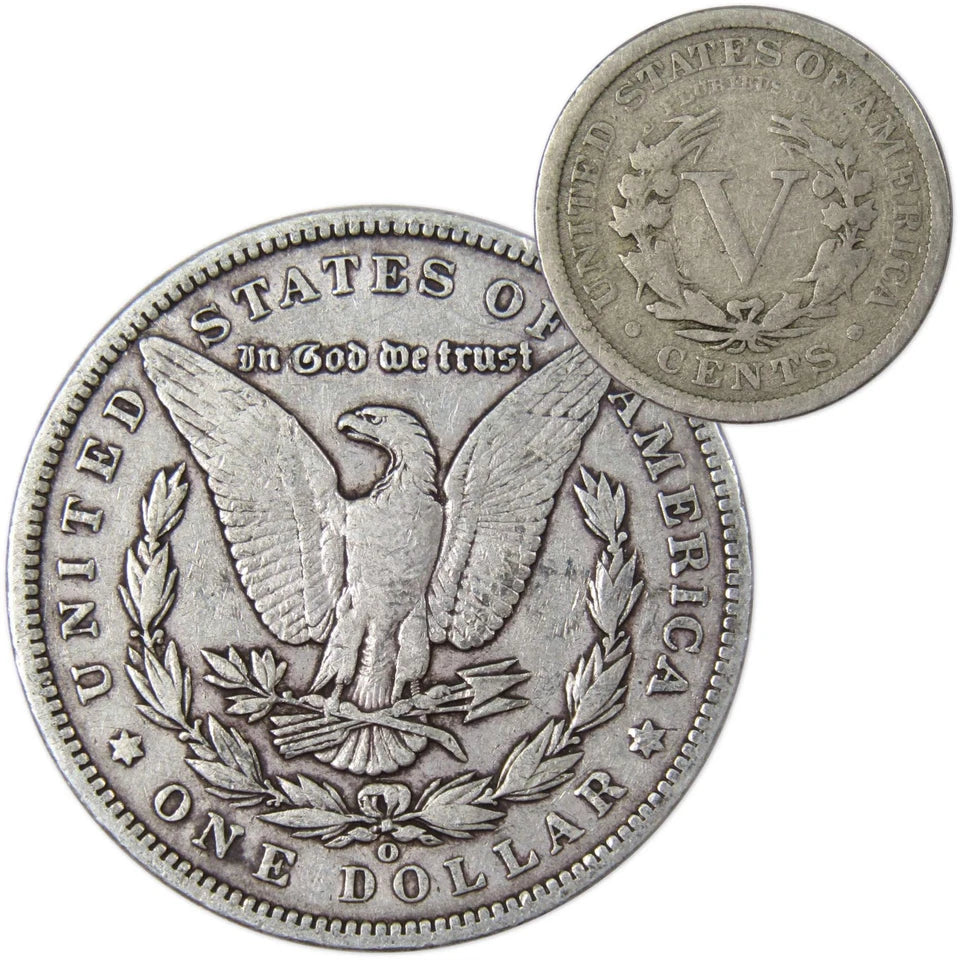 1899 O Morgan Dollar VF Very Fine 90% Silver with 1911 Liberty Nickel G Good