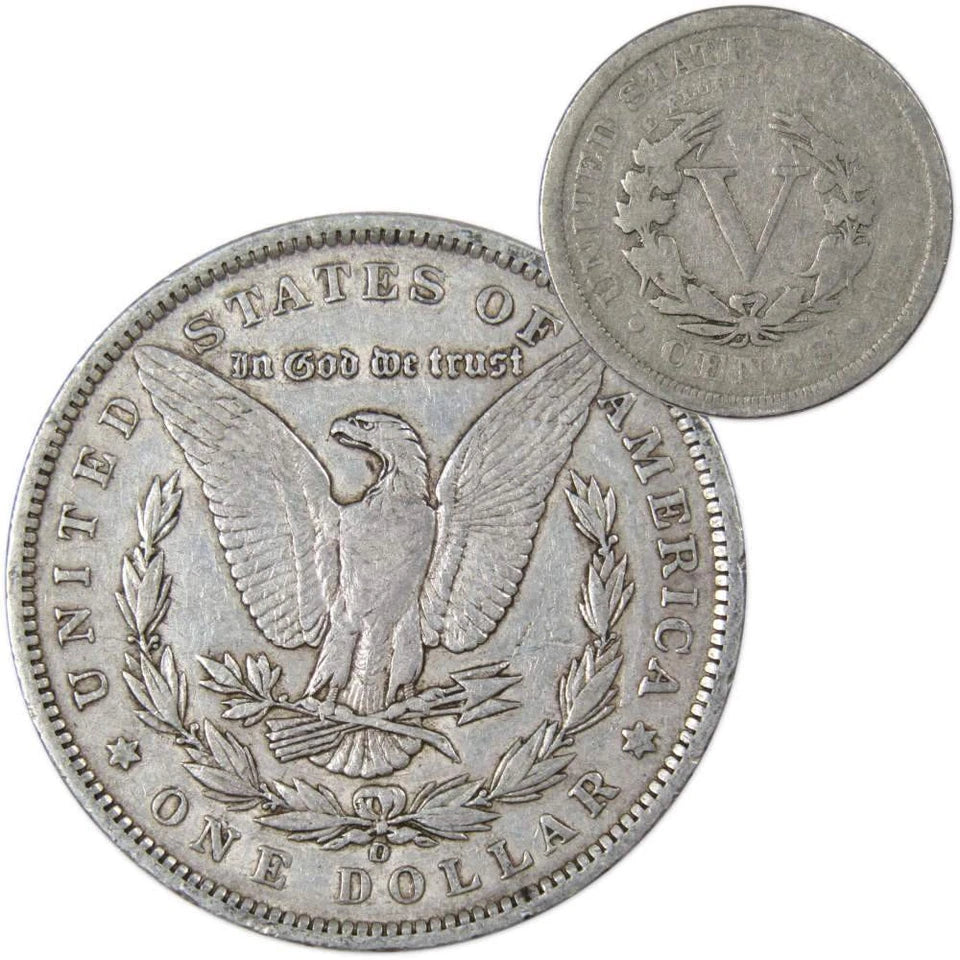 1896 O Morgan Dollar VF Very Fine 90% Silver with 1905 Liberty Nickel G Good