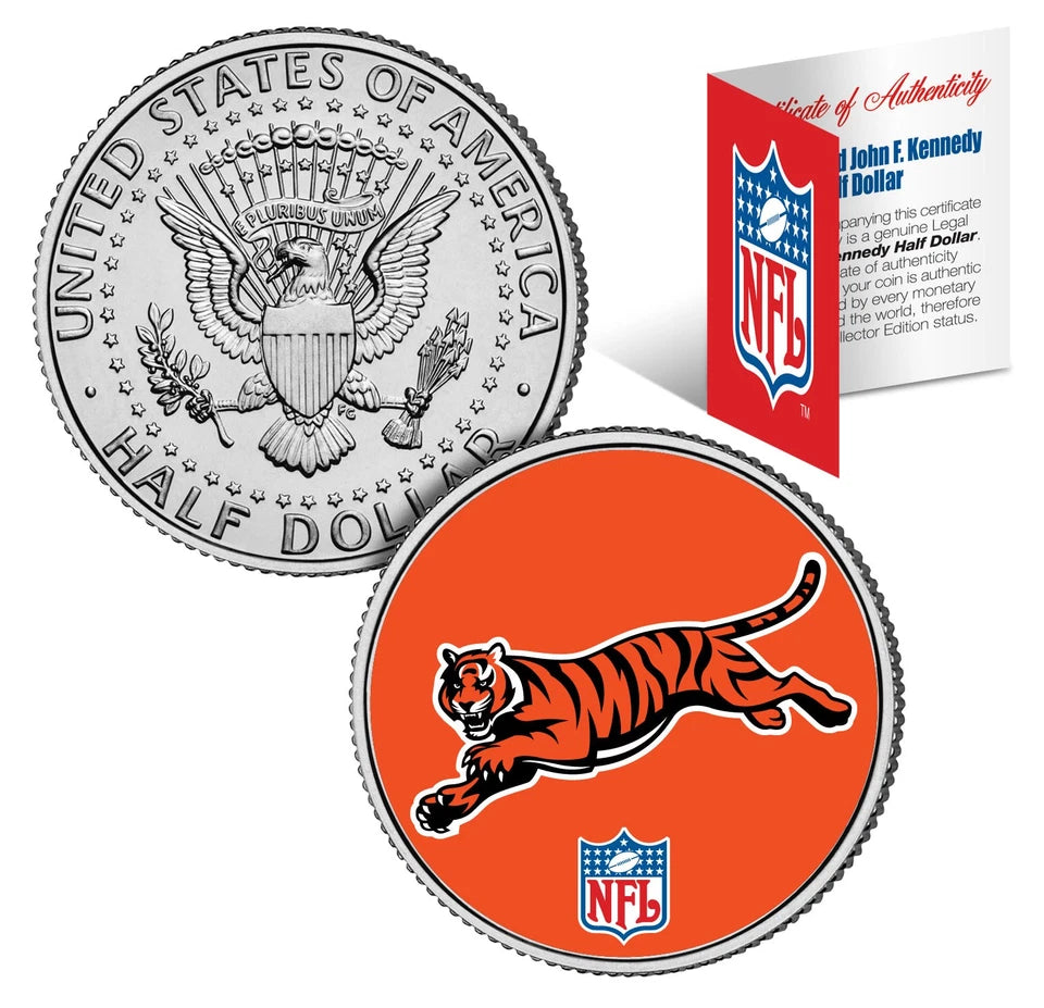 Moneda de medio dólar estadounidense de JFK Kennedy de los CINCINNATI BENGALS de la NFL *Con licencia oficial*