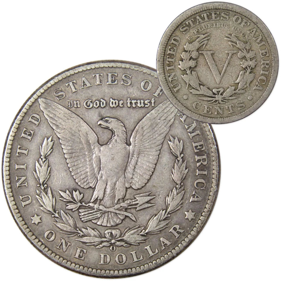 1902 O Morgan Dollar VF Very Fine 90% Silver with 1911 Liberty Nickel G Good