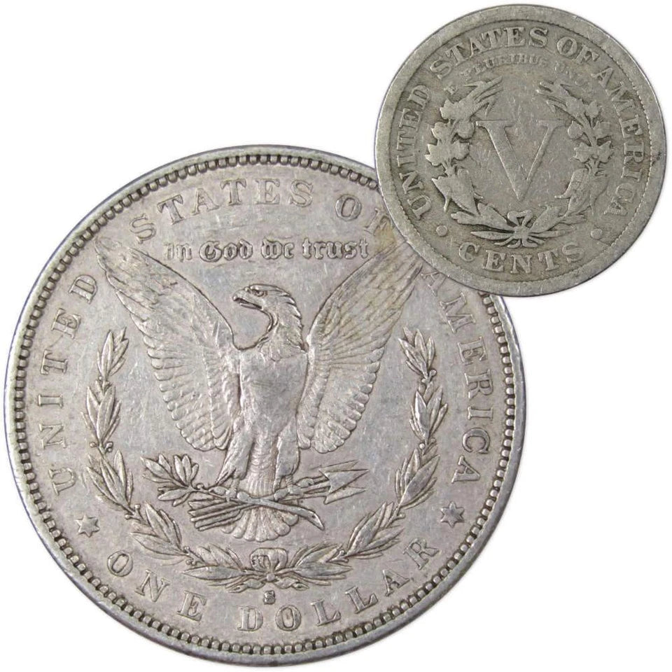 1882 S Morgan Dollar VF Very Fine 90% Silver with 1911 Liberty Nickel G Good