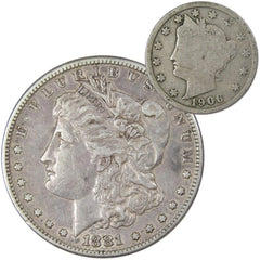 1881 S Morgan Dollar VF Very Fine 90% Silver with 1906 Liberty Nickel G Good-1