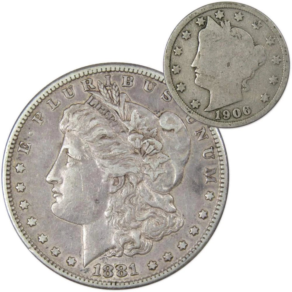 1881 S Morgan Dollar VF Very Fine 90% Silver with 1906 Liberty Nickel G Good