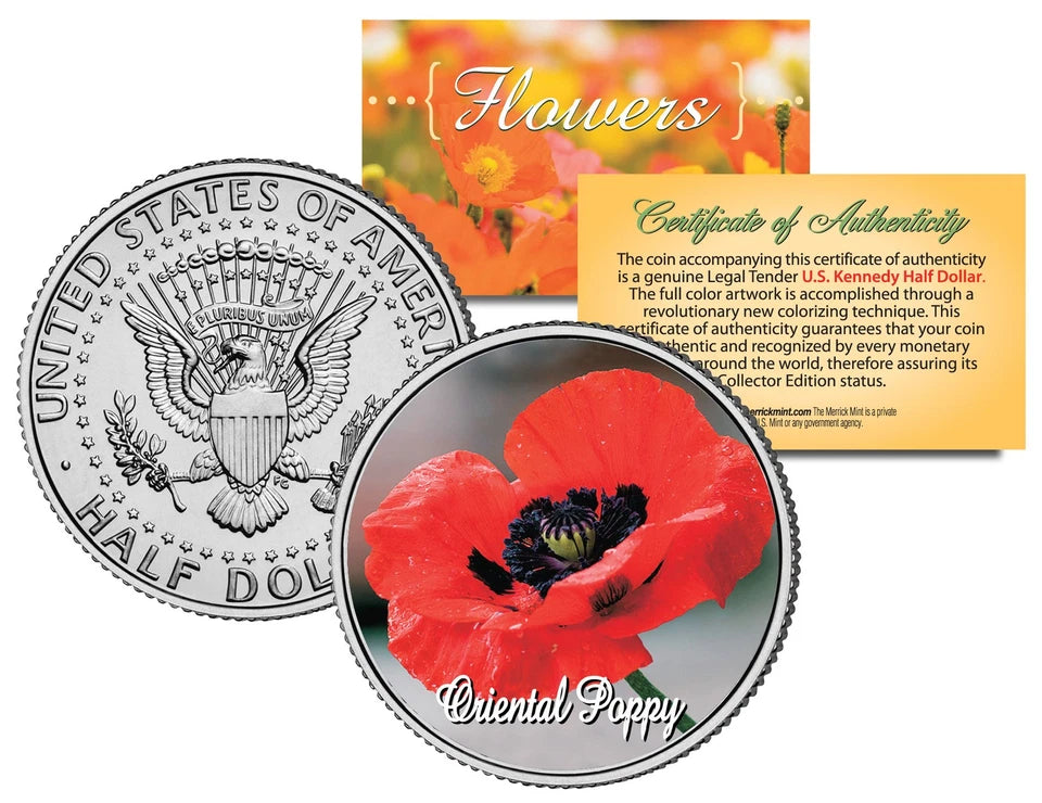 ORIENTAL POPPY FLOWER JFK Kennedy Half Dollar US Colorized Coin-1