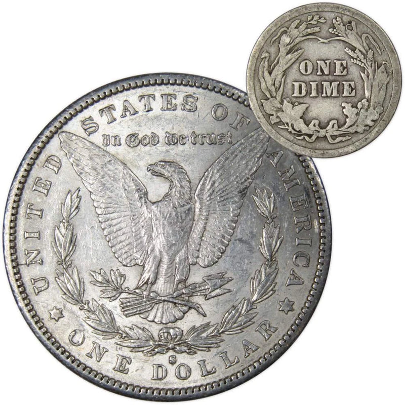 1890 S Morgan Dollar XF EF Extremely Fine with 1916 Barber Dime G Good-2