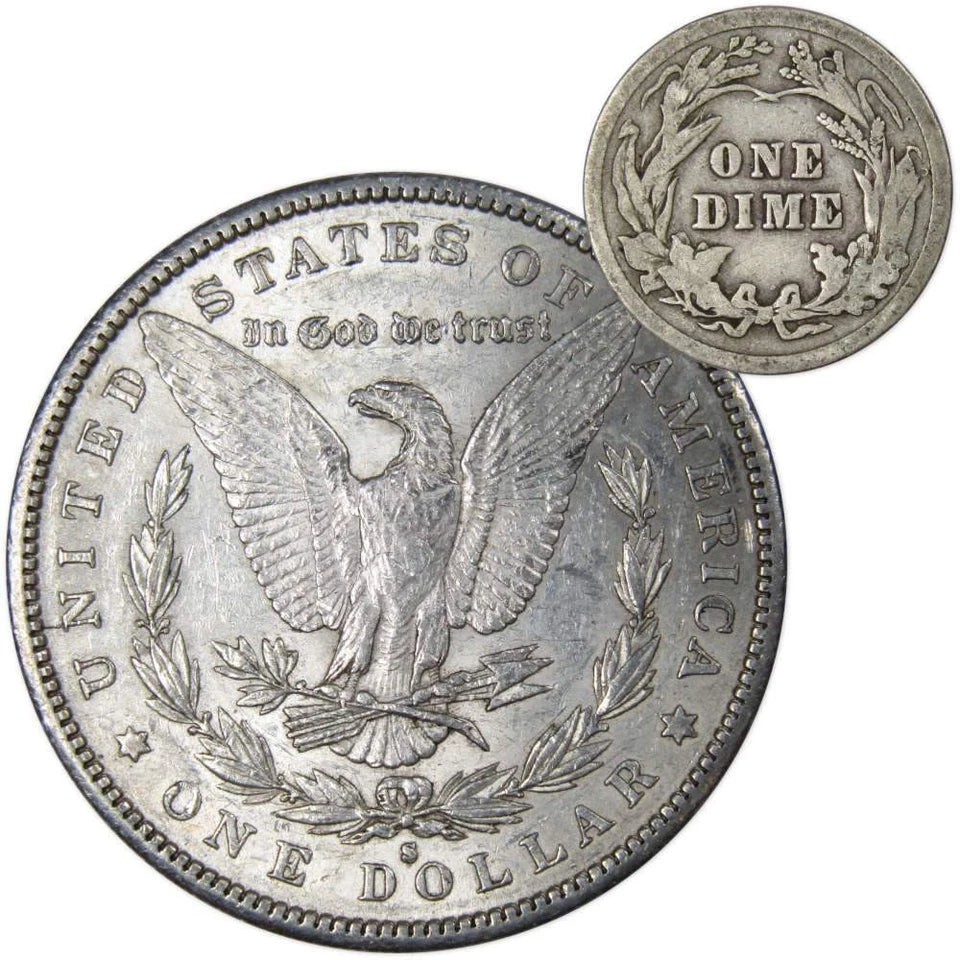 1890 S Morgan Dollar XF EF Extremely Fine with 1916 Barber Dime G Good
