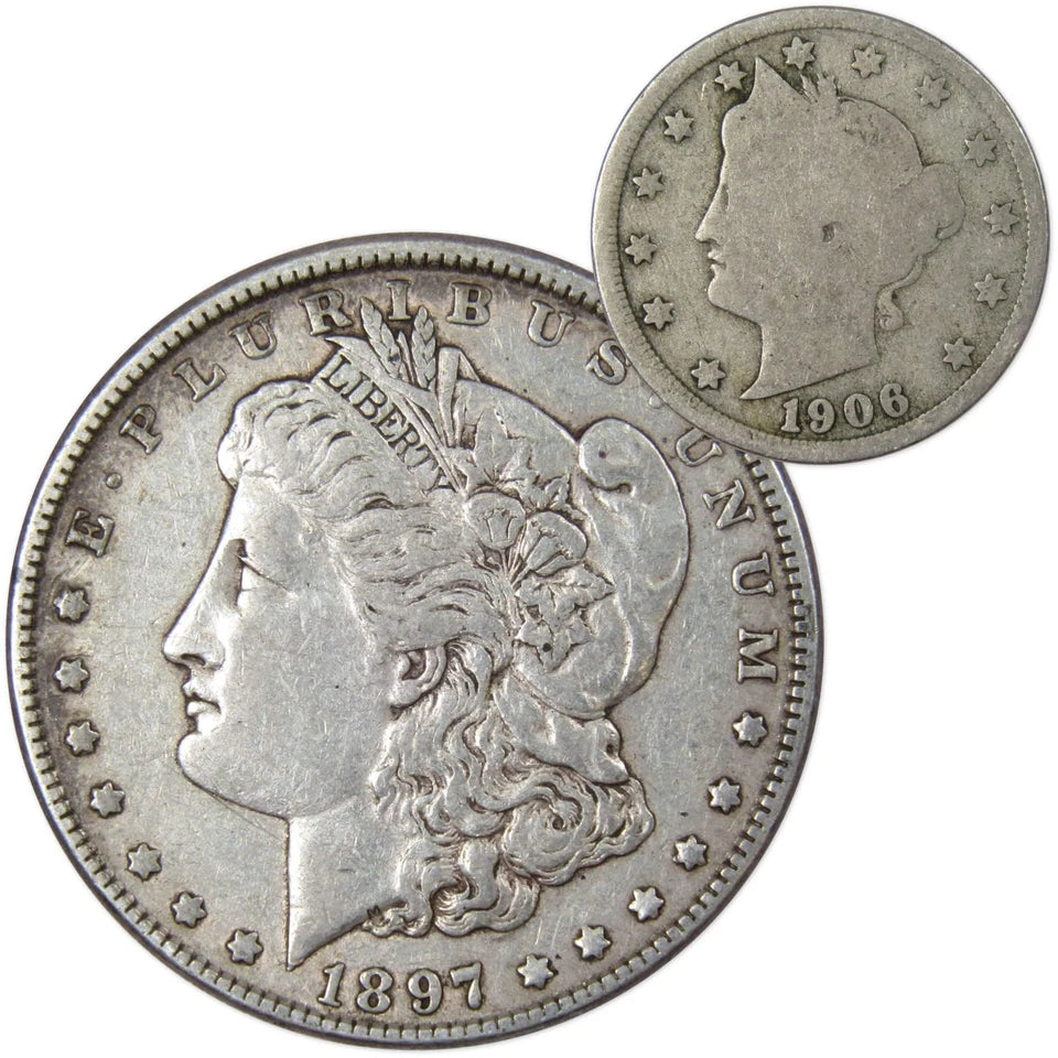1897 Morgan Dollar VF Very Fine 90% Silver Coin with 1906 Liberty Nickel G Good