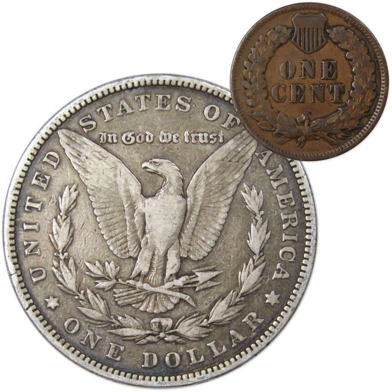 1880 Morgan Dollar F Fine 90% Silver Coin with 1901 Indian Head Cent G Good-2