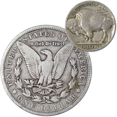 1902 Morgan Dollar VG Very Good 90% Silver with 1930 S Buffalo Nickel F Fine-2