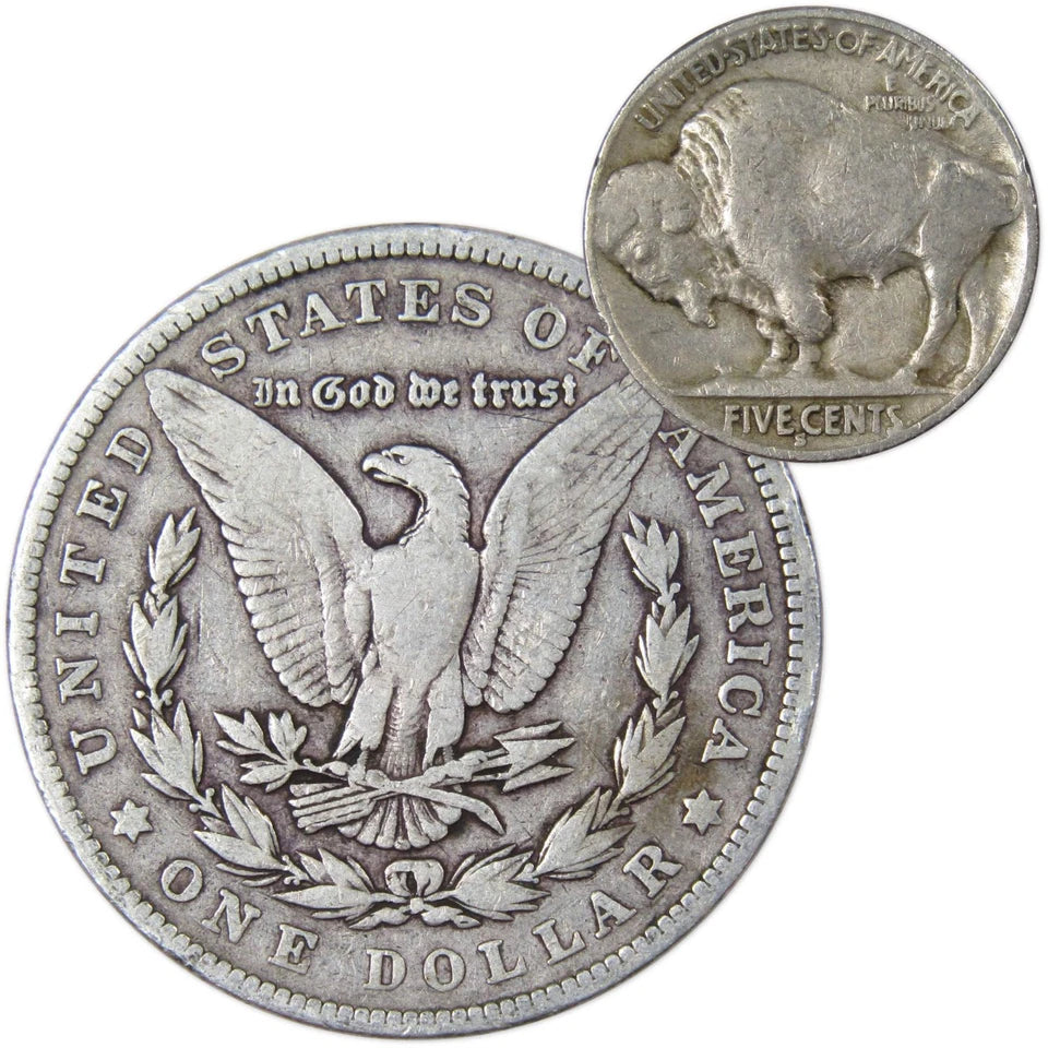 1902 Morgan Dollar VG Very Good 90% Silver with 1930 S Buffalo Nickel F Fine