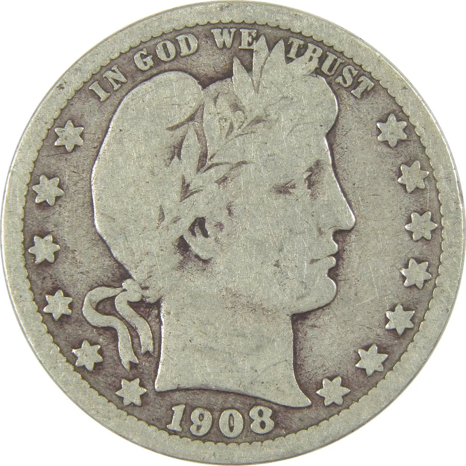 1908 D Barber Quarter G Good Silver 25c Coin-1