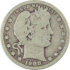 1908 D Barber Quarter G Good Silver 25c Coin-1