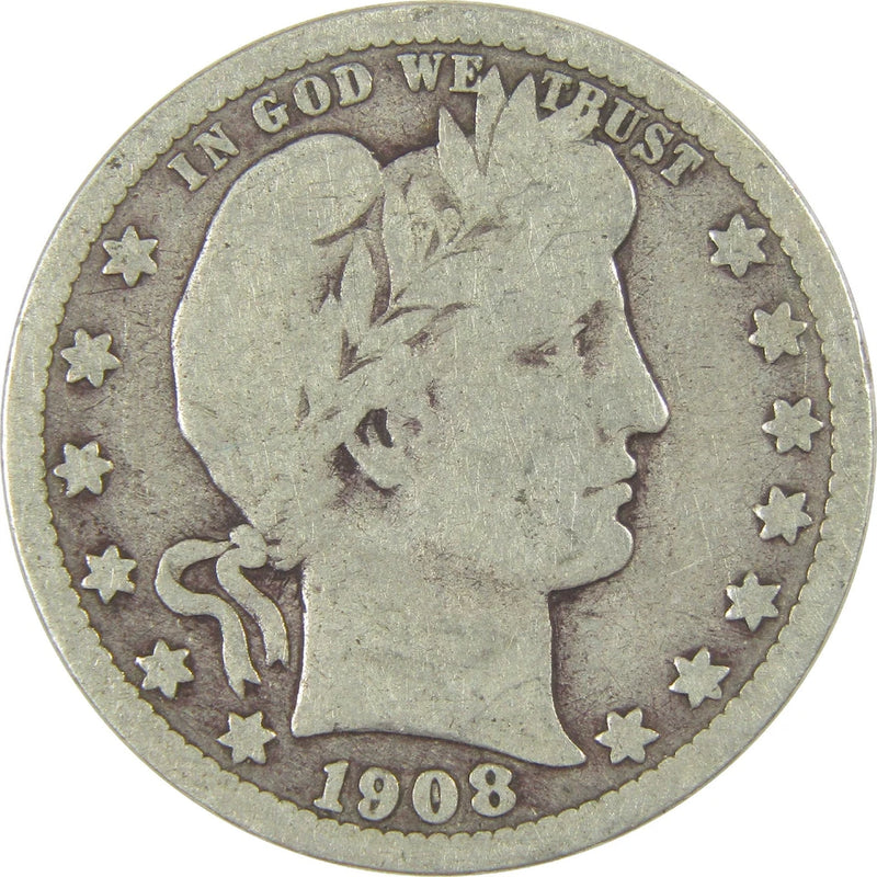 1908 D Barber Quarter G Good Silver 25c Coin-1