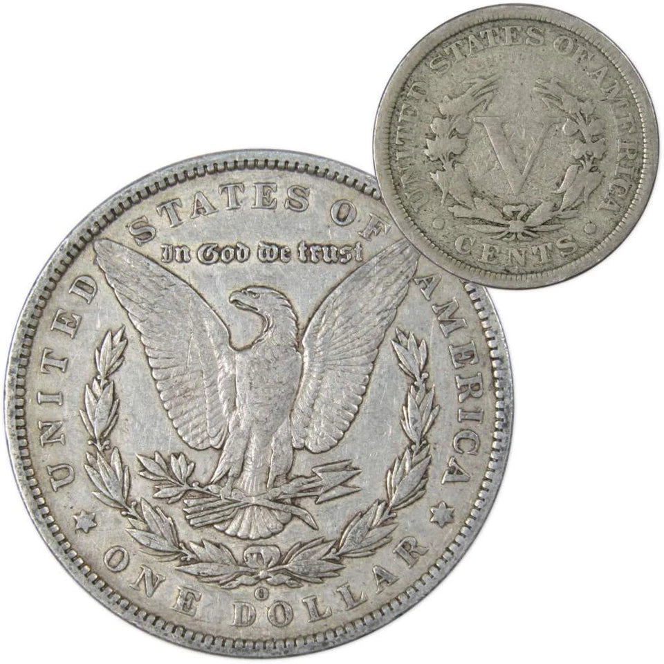 1886 O Morgan Dollar VF Very Fine 90% Silver with 1907 Liberty Nickel G Good-2