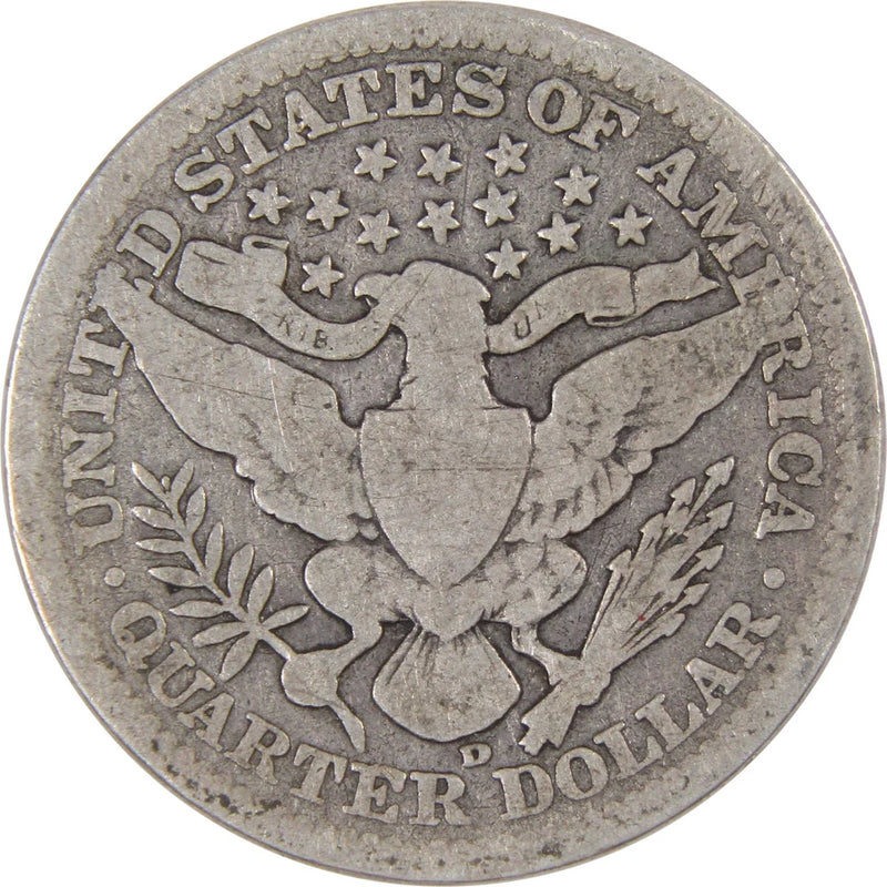 1909 D Barber Quarter G Good 90% Silver 25c US Type Coin Collectible-2