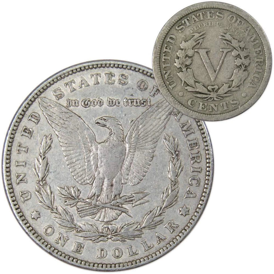1882 Morgan Dollar VF Very Fine 90% Silver Coin with 1907 Liberty Nickel G Good