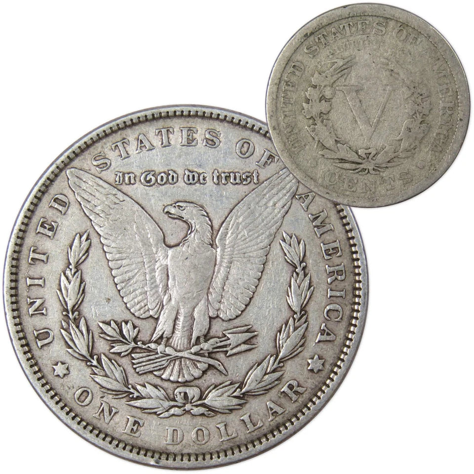 1897 Morgan Dollar VF Very Fine 90% Silver Coin with 1906 Liberty Nickel G Good