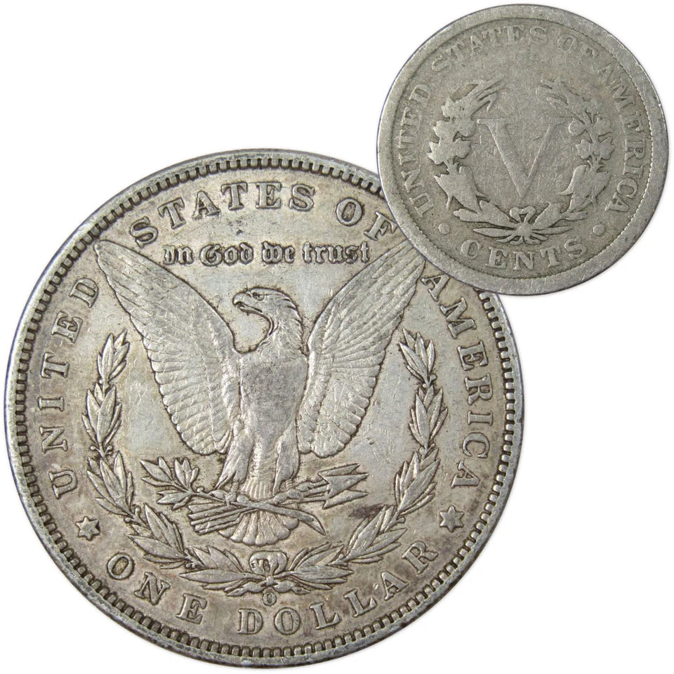 1897 O Morgan Dollar VF Very Fine 90% Silver with 1907 Liberty Nickel G Good