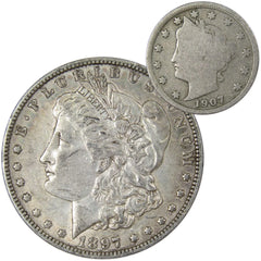 1897 O Morgan Dollar VF Very Fine 90% Silver with 1907 Liberty Nickel G Good-1